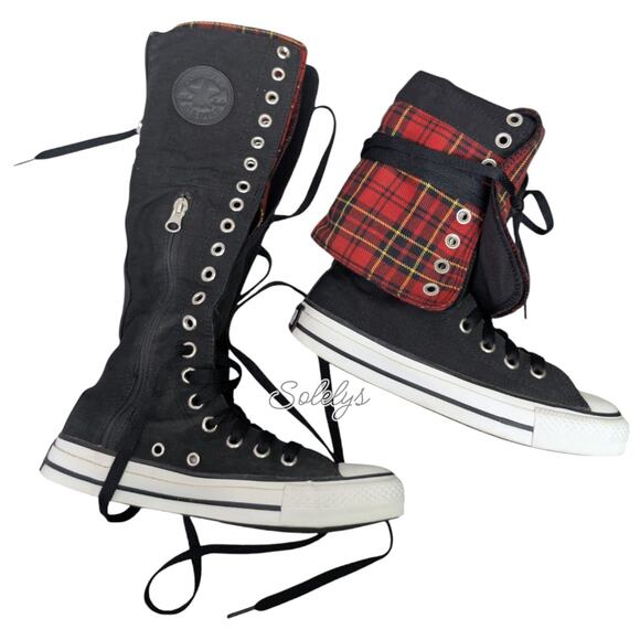 Converse Japan 2007 RARE XXHI Plaid Foldover Knee High Black Red White M4.5/W6.5 - Picture 2 of 16